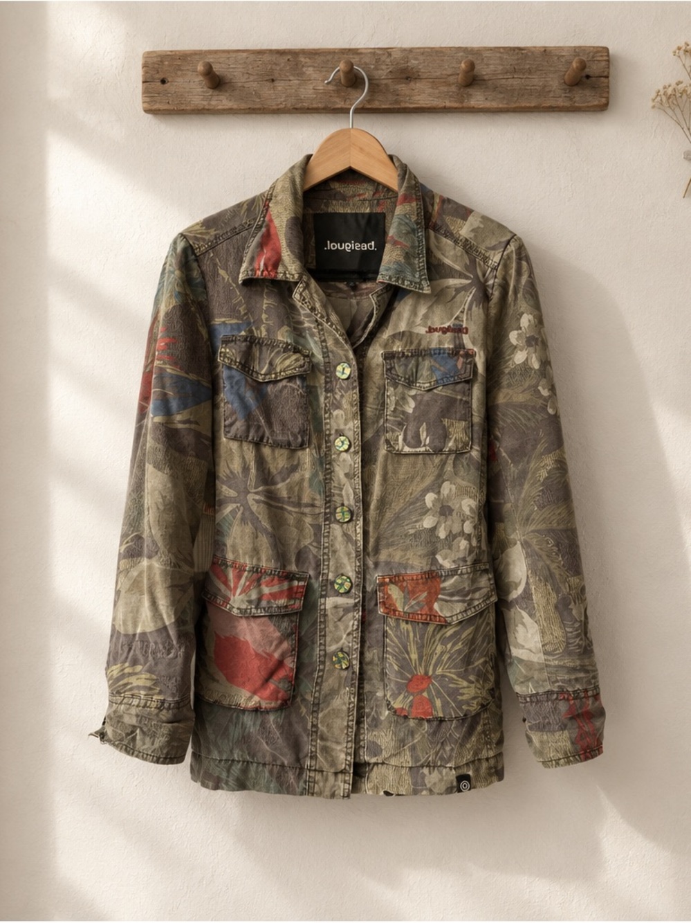 Desigual Olive Green Floral Patch Utility Jacket with Red & Blue Accents